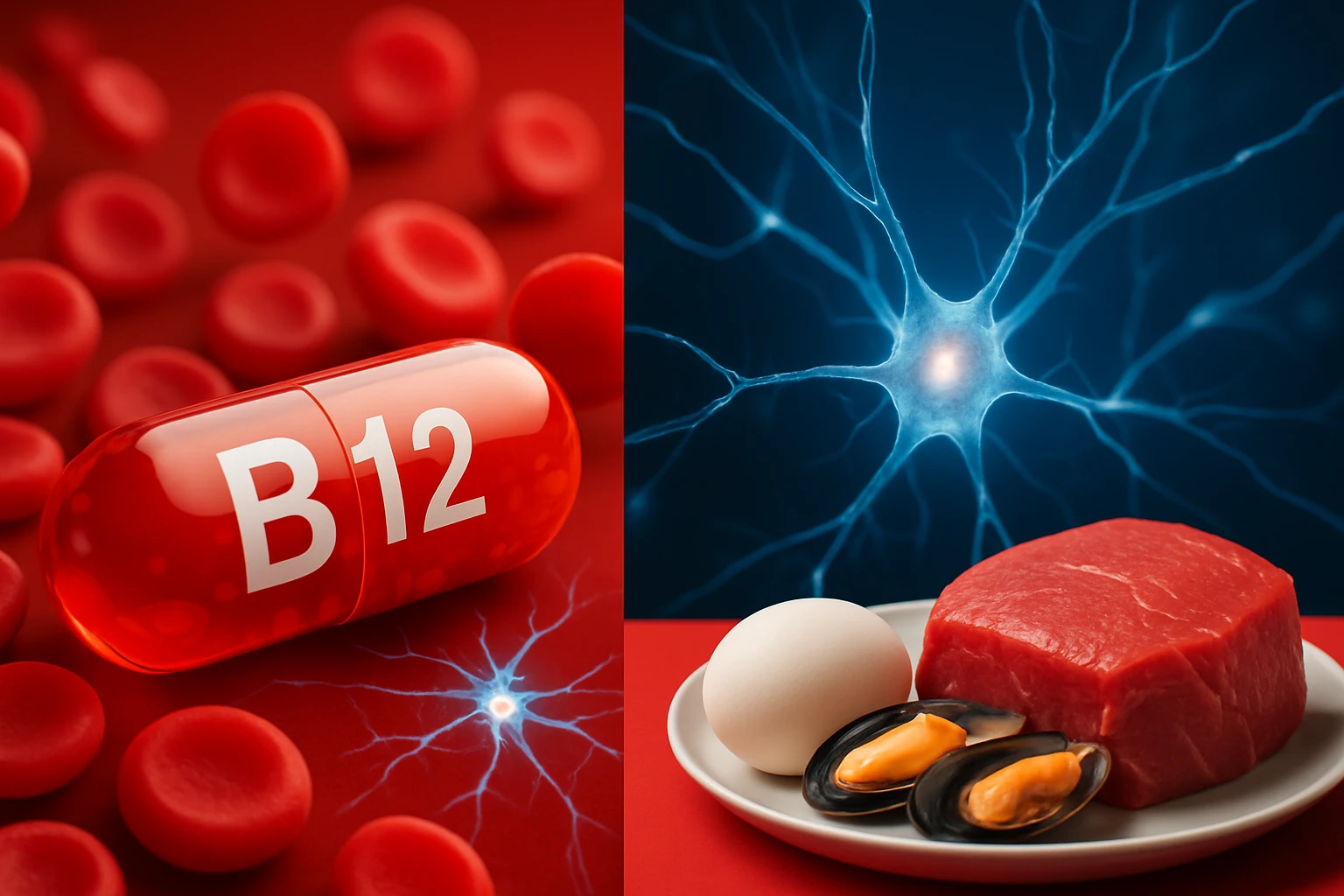 Červené krvinky a kapsula vitamínu B12 vedľa jedla bohatého na tento vitamín.