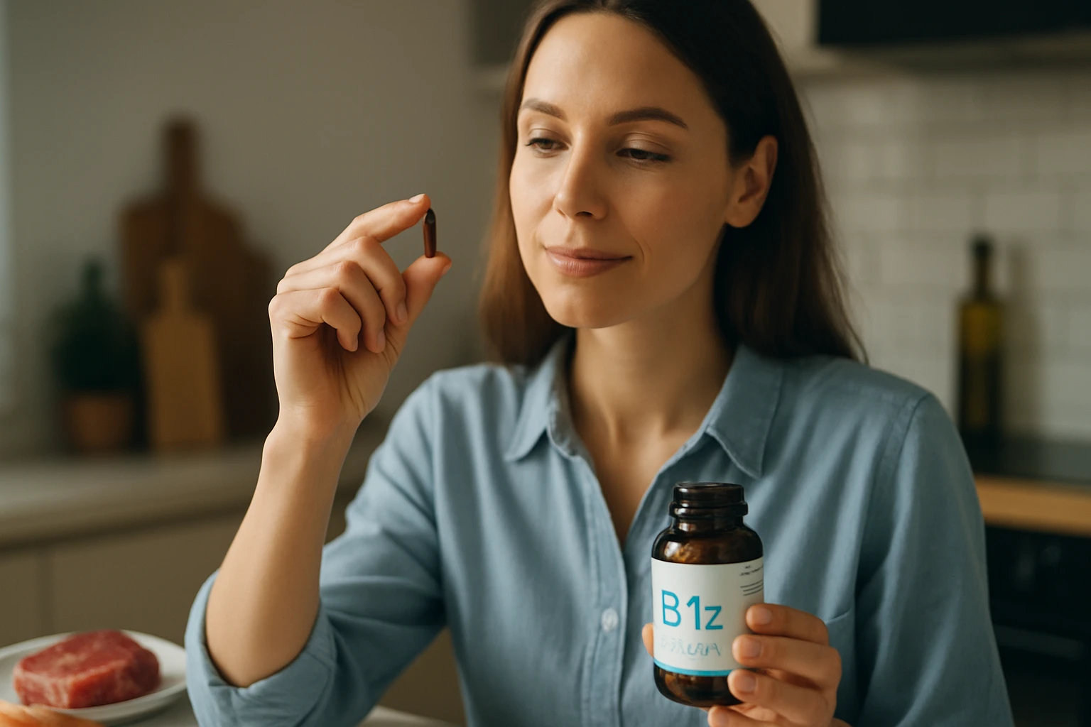 Žena v modrej košeli drží vitamín B12 v ruke a usmieva sa.