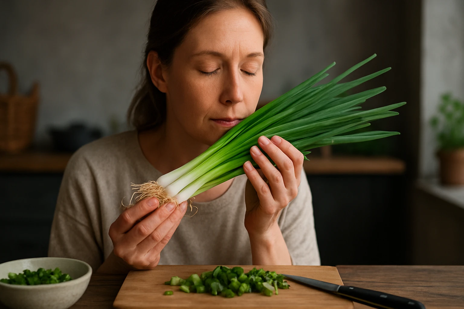 Žena s uzavretými očami drží čerstvú jarnú cibuľku a užíva si jej vôňu.