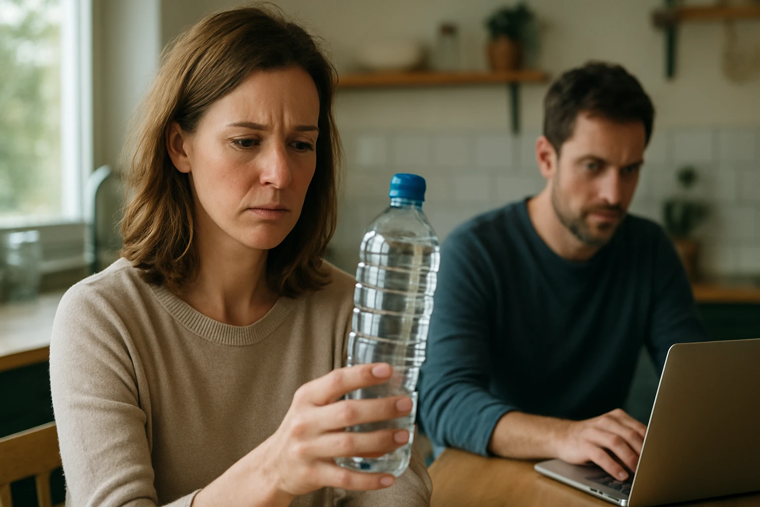 Žena s vážnym výrazom drží plastovú fľašu s vodou, muž pracuje na laptopu.
