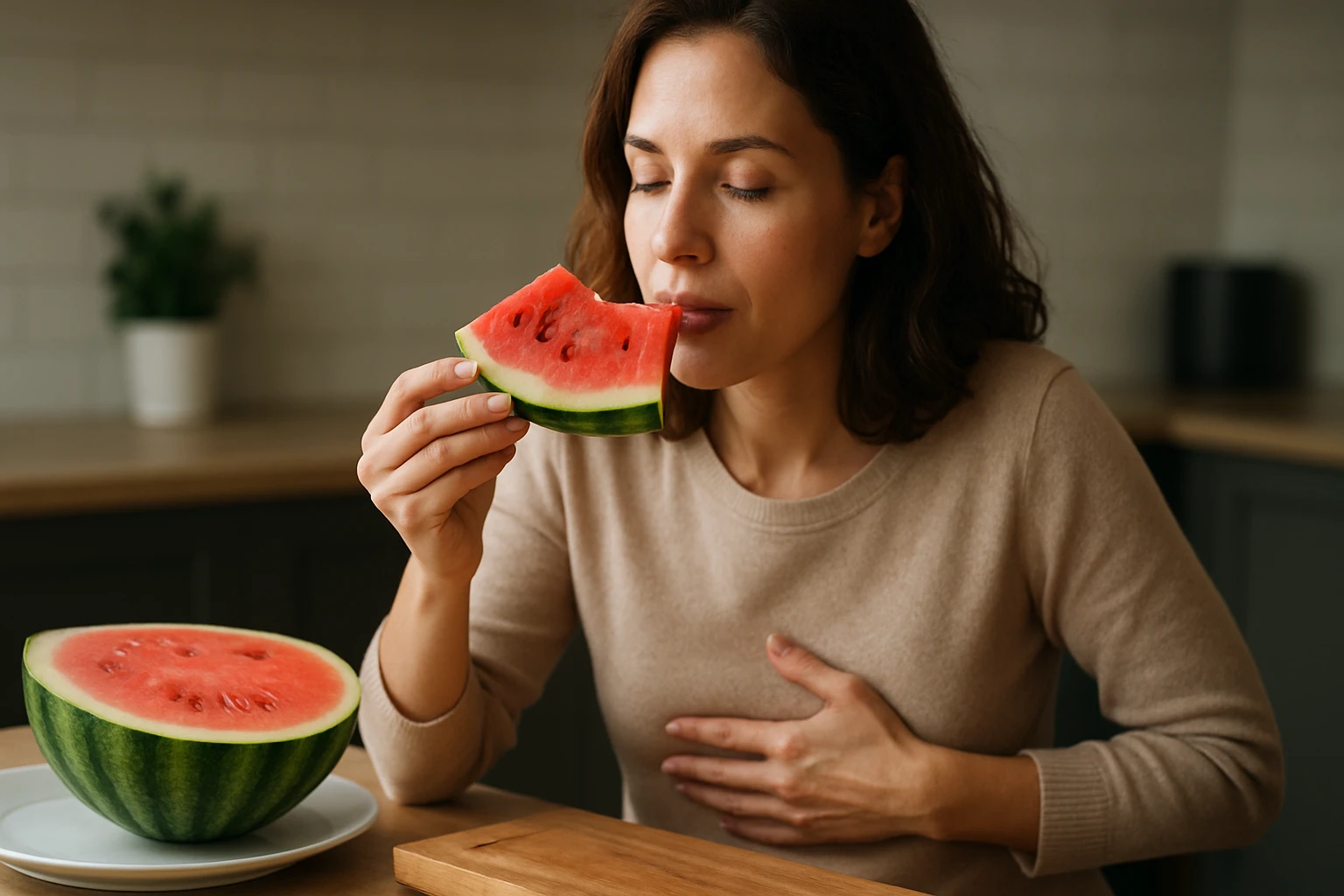 Žena si vychutnáva kus melóna, zatiaľ čo sedí pri stole.