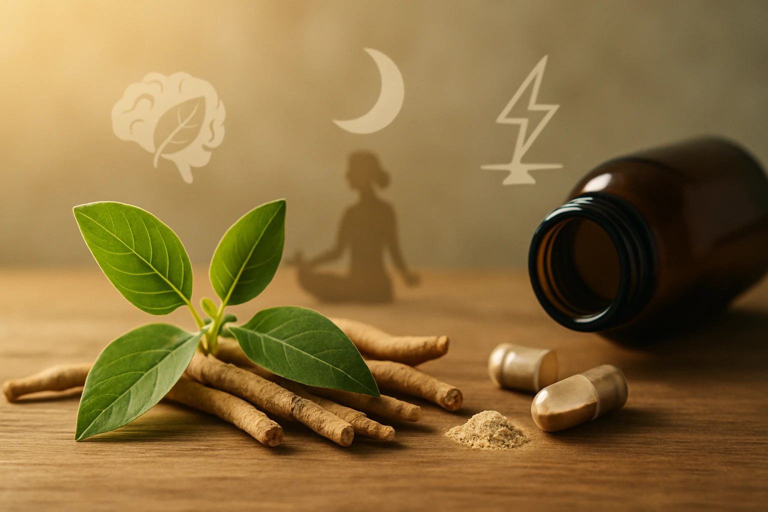 Na drevenom stole sú korene a listy ashwagandhy, vedľa kapsule a prášok.