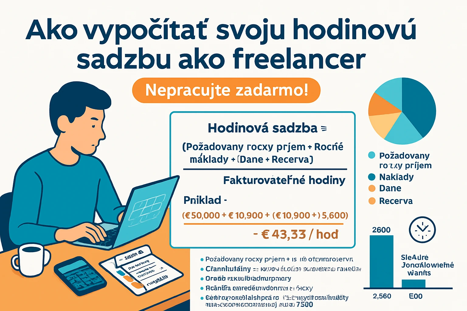 Mladý freelancer počíta svoju hodinovú sadzbu na laptopu s kalkulačkou a dokumentmi.