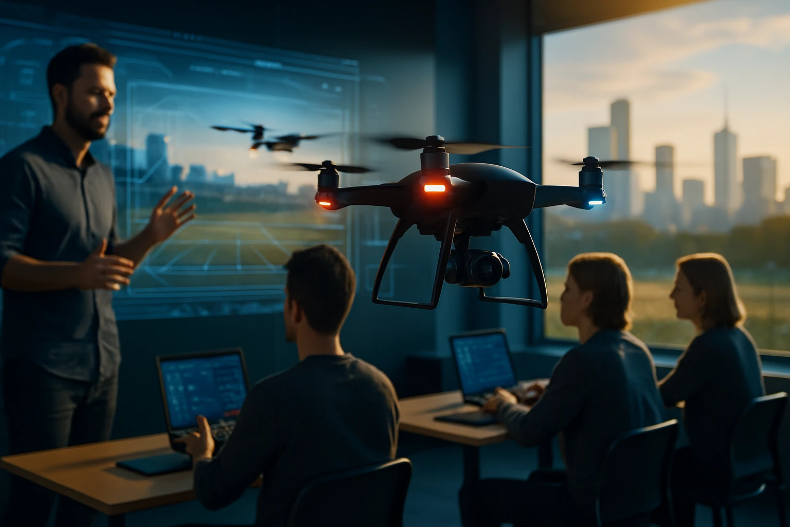 Muži sa učia ovládať dron v modernom učebnom prostredí s technológiou.