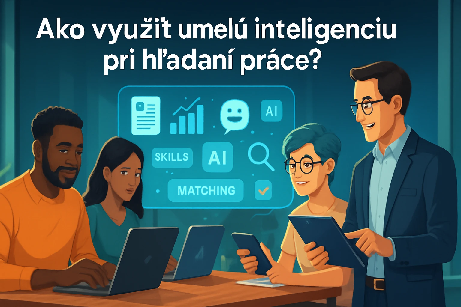 Skupina štyroch ľudí pracuje na laptopoch a tabletoch, diskutujúc o využití AI pri hľadaní zamestnania.