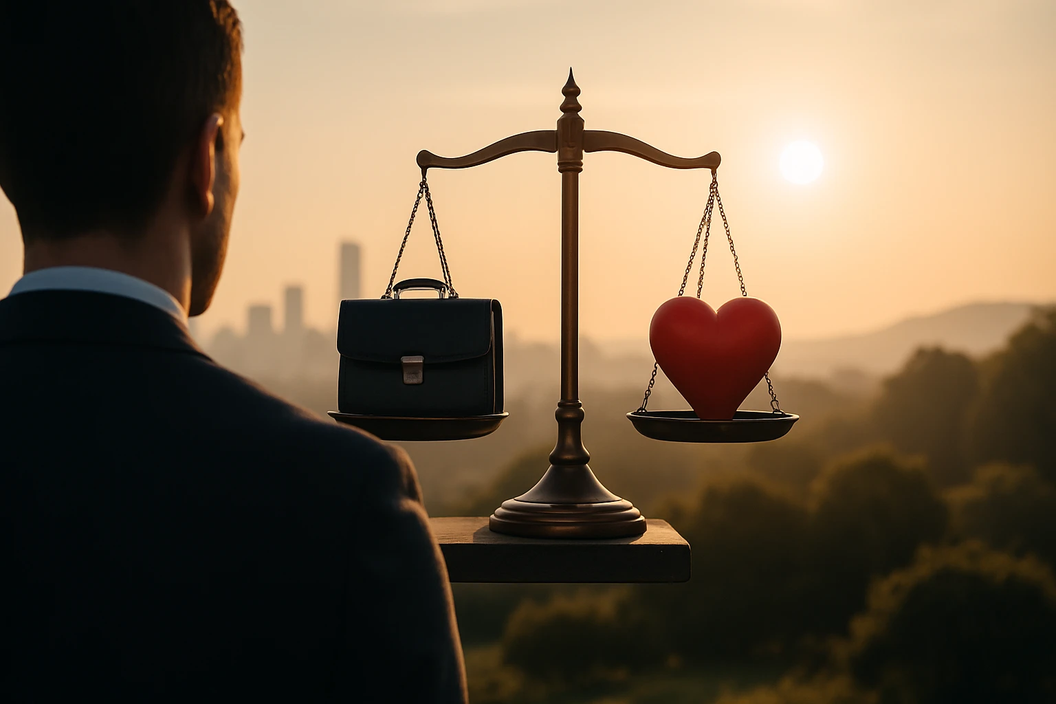 Muž v obleku stojí pred váhami, na jednej strane aktovka, na druhej srdce.