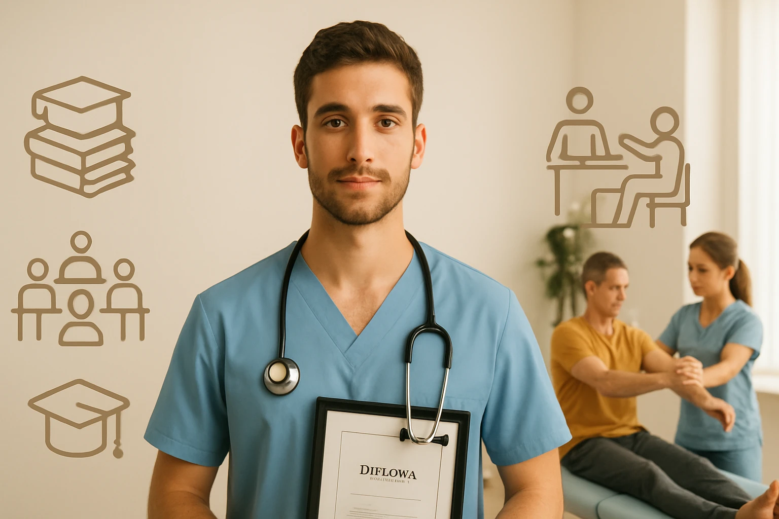 Mladý muž v modrom lekárskom plášti drží diplom a stetoskop.