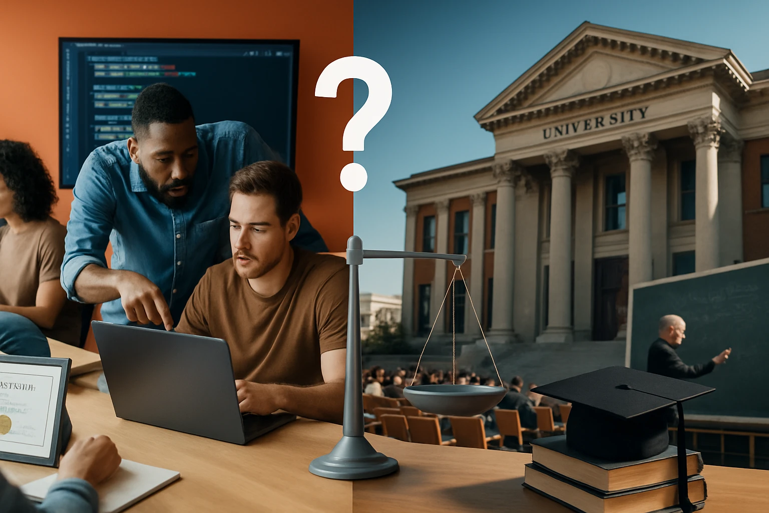 Dva muži diskutujú o počítači, v pozadí univerzitná budova a váhy.