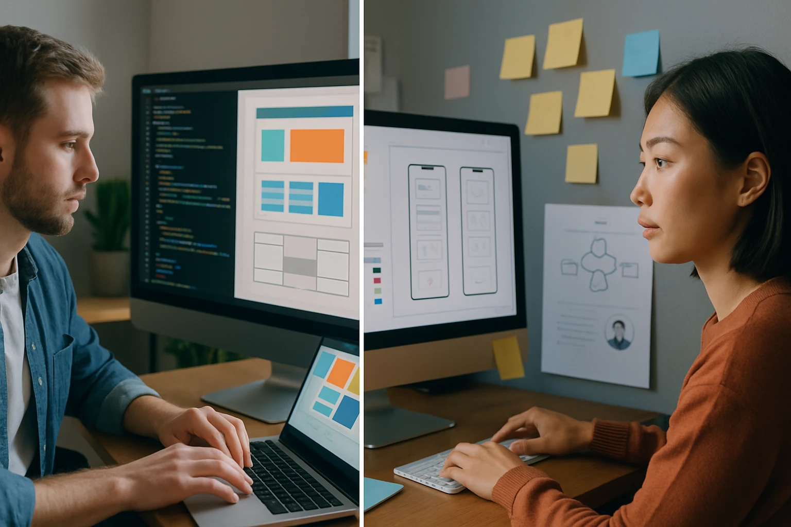 Mladý muž programuje a nő tervez egy mobilalkalmazást számítógépen.