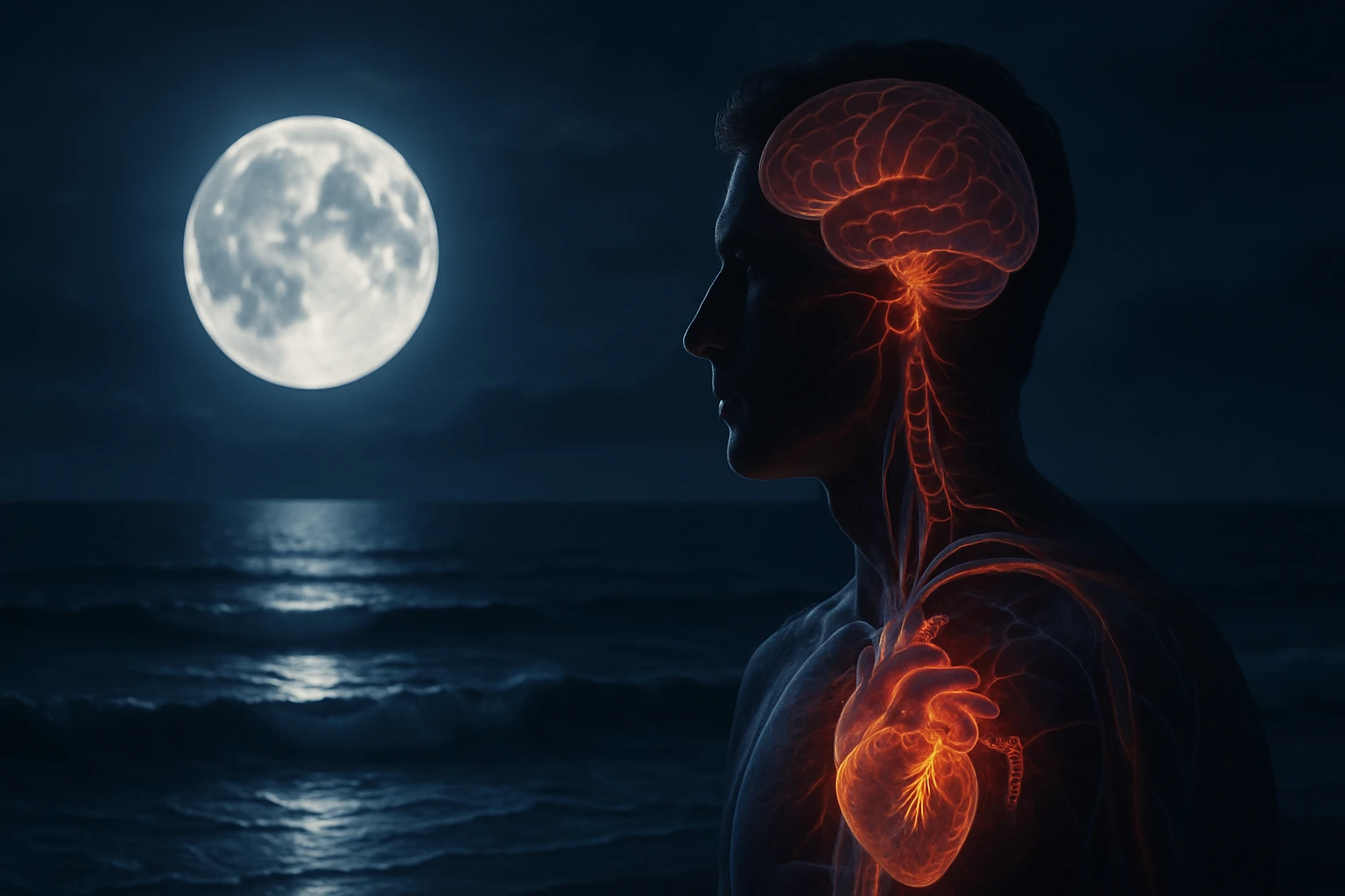 Profilový pohľad na muža s viditeľným obehovým systémom a mozgom, osvetlený mesiacom.