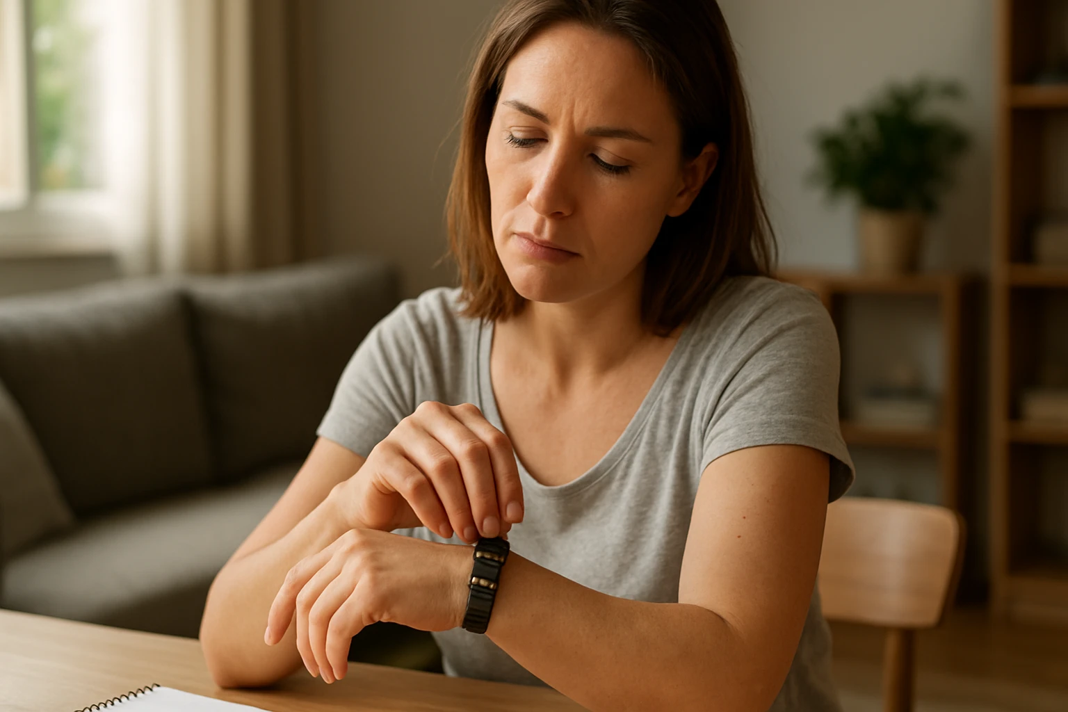 Žena v šedej tričku sa pozerá na hodinky s zamysleným výrazom.