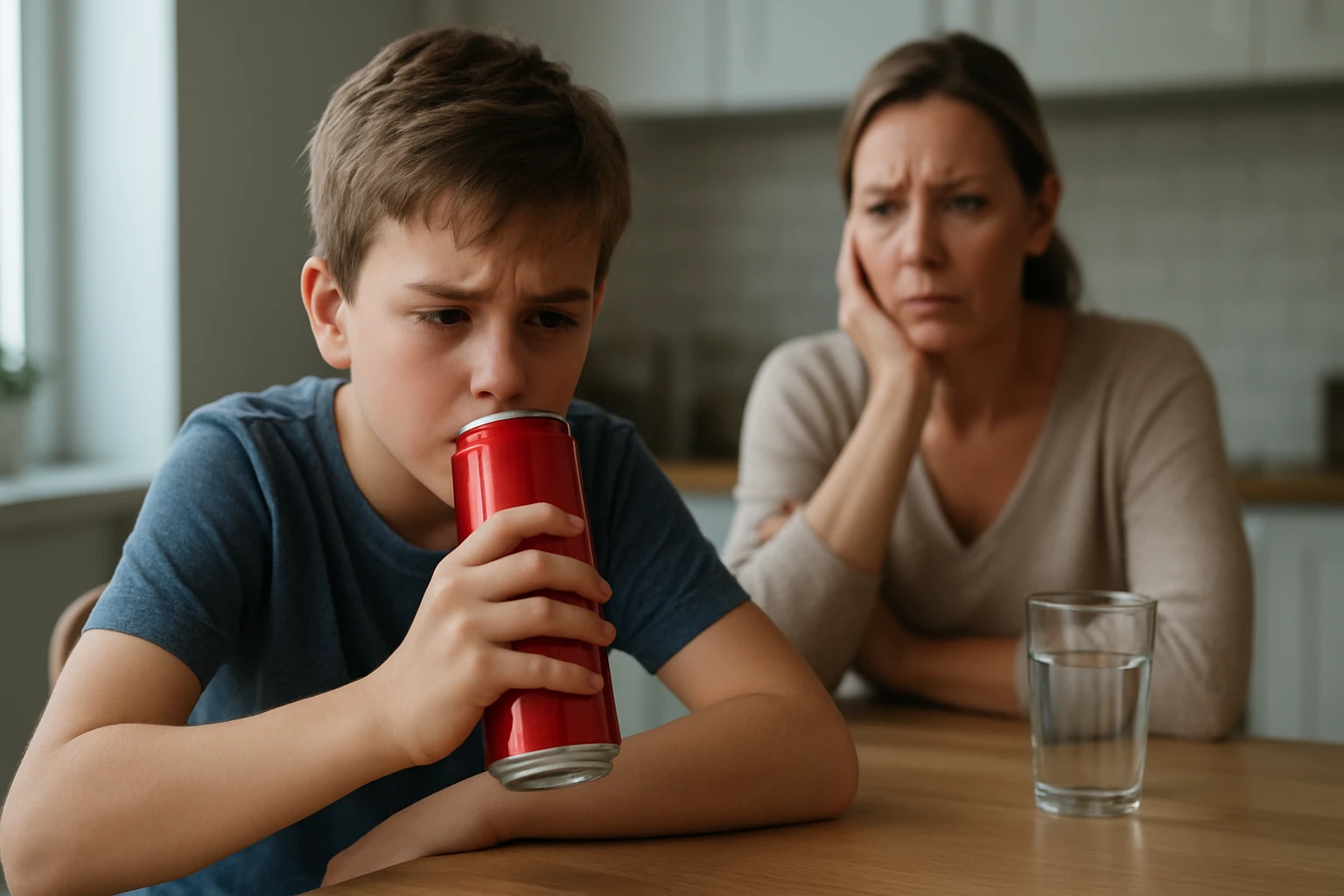 Chlapec sedí pri stole, drží plechovku nápoja a vyzerá zamyslene, zatiaľ čo matka sa na neho pozerá so znepokojením.