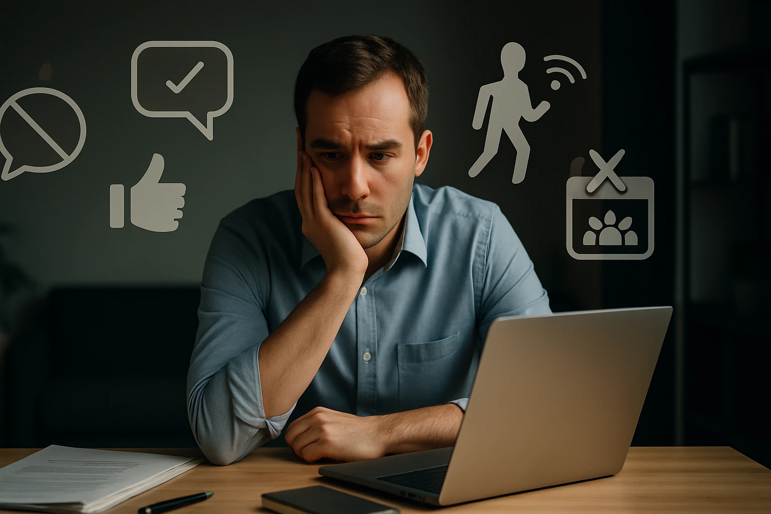 Muž s vážnym výrazom sedí pred laptopom, premýšľa o online interakciách.