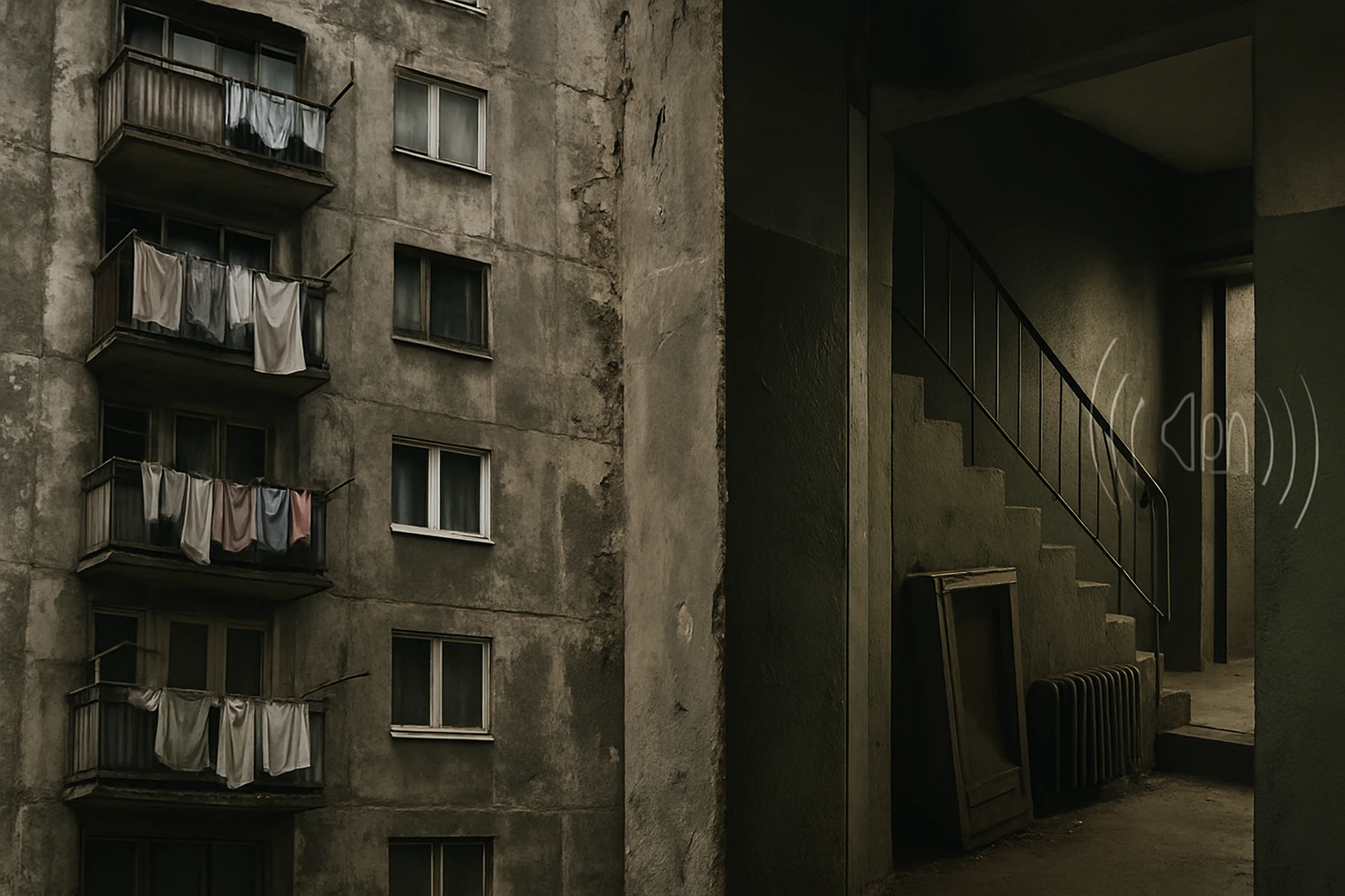 Pohľad na starý panelák, erózióval és száradó ruhákkal a balkonon.