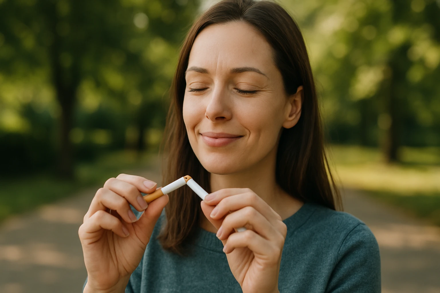 Žena s úsmevom drží roztrhnutú cigaretu a vyzerá šťastne.