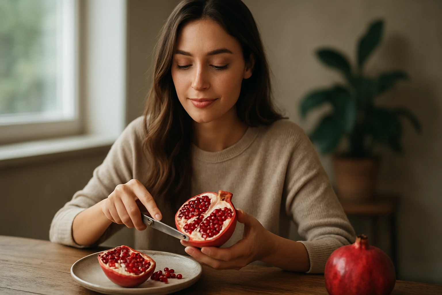 Žena krája granátové jablko na tanieri, usmievajúc sa pri tom.