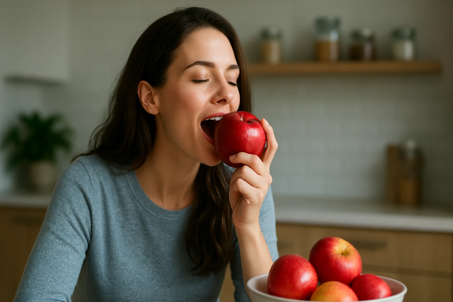 Žena s dlhými hnedými vlasmi sa chystá zahryznúť do červeného jablka.