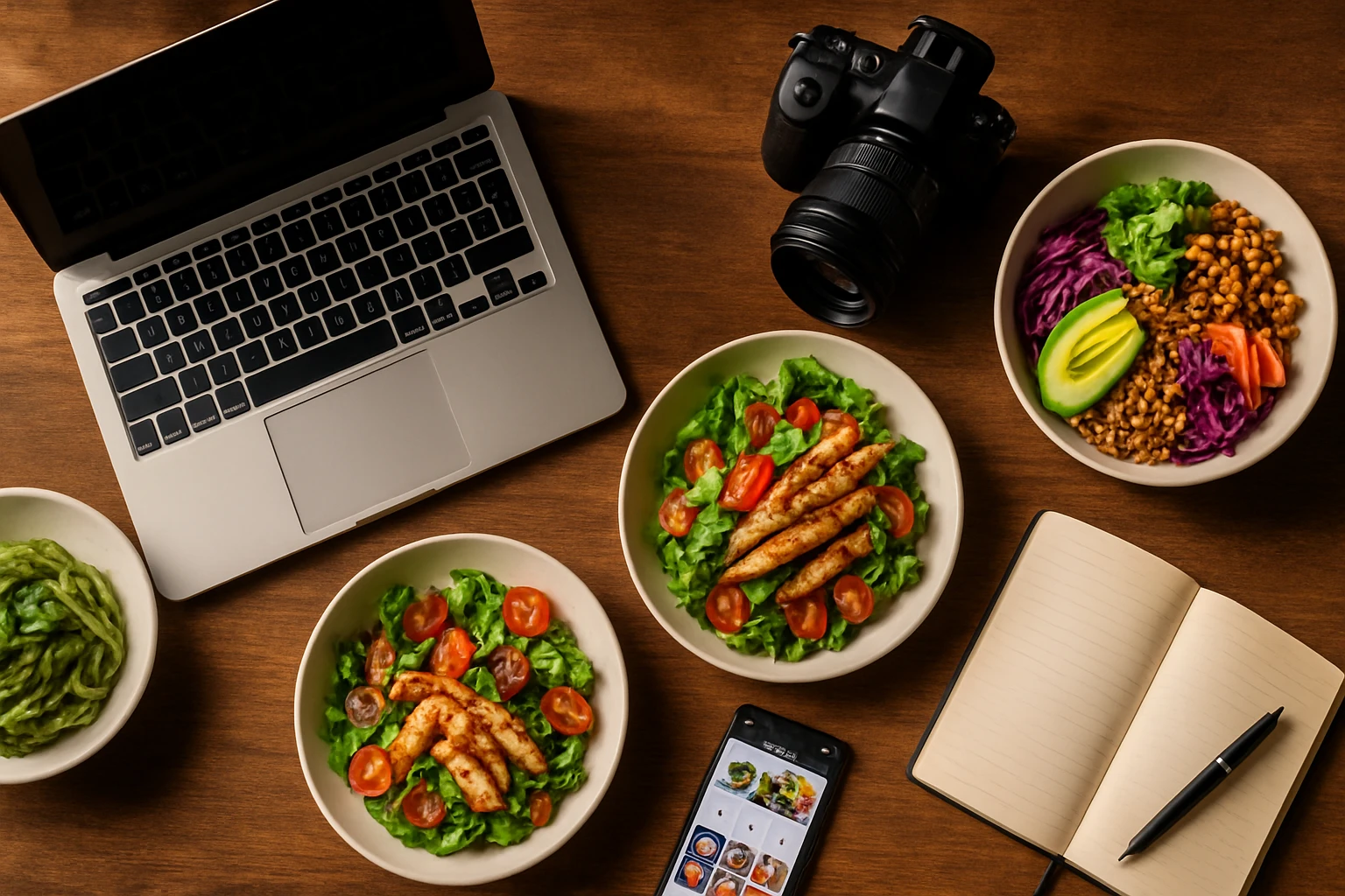 Stôl so zdravými jedlami, laptopom a fotoaparátom na natáčanie.