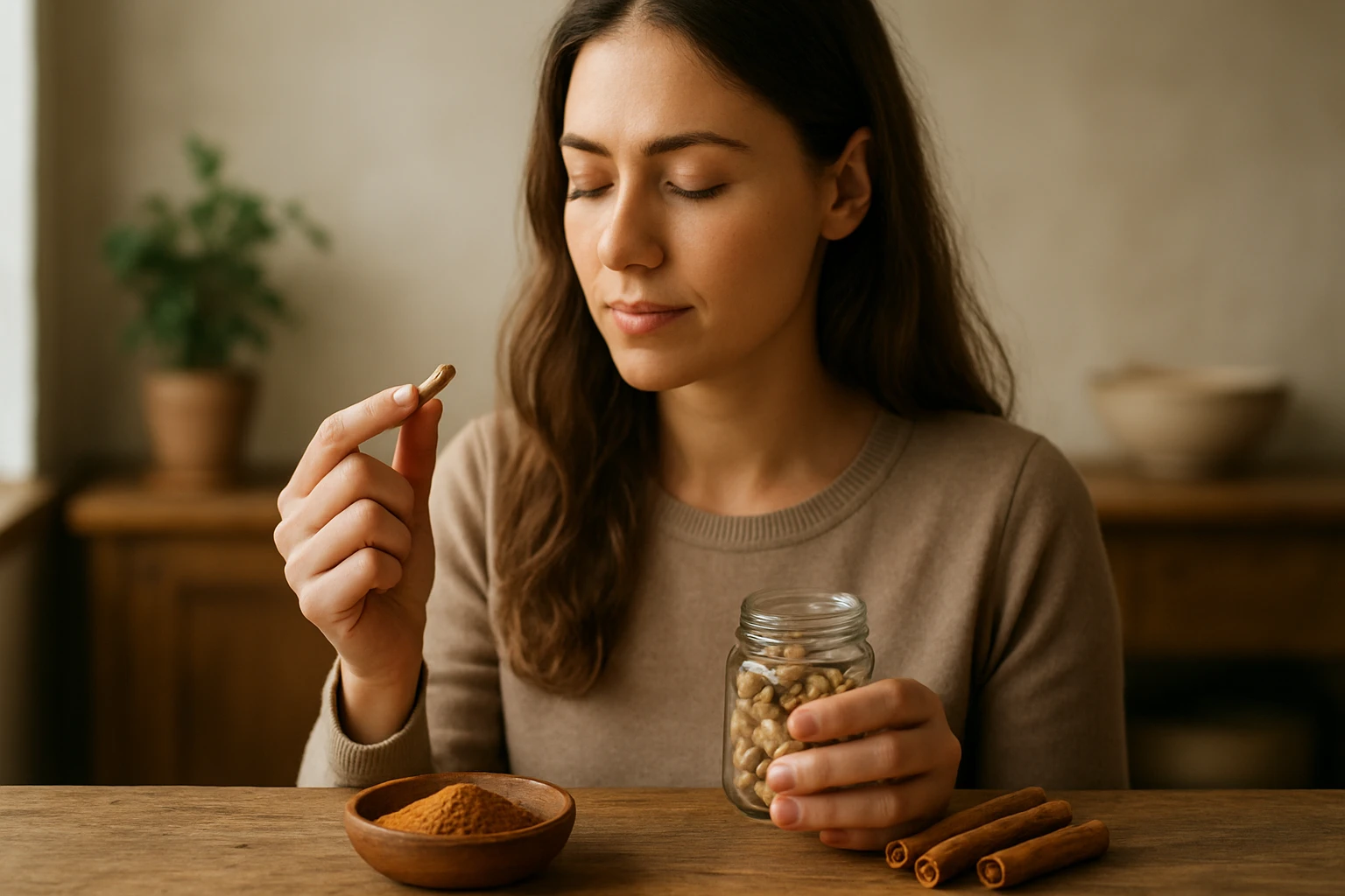 Žena sedí pri stole a drží v ruke orech, zatvorenými očami vychutnáva moment.