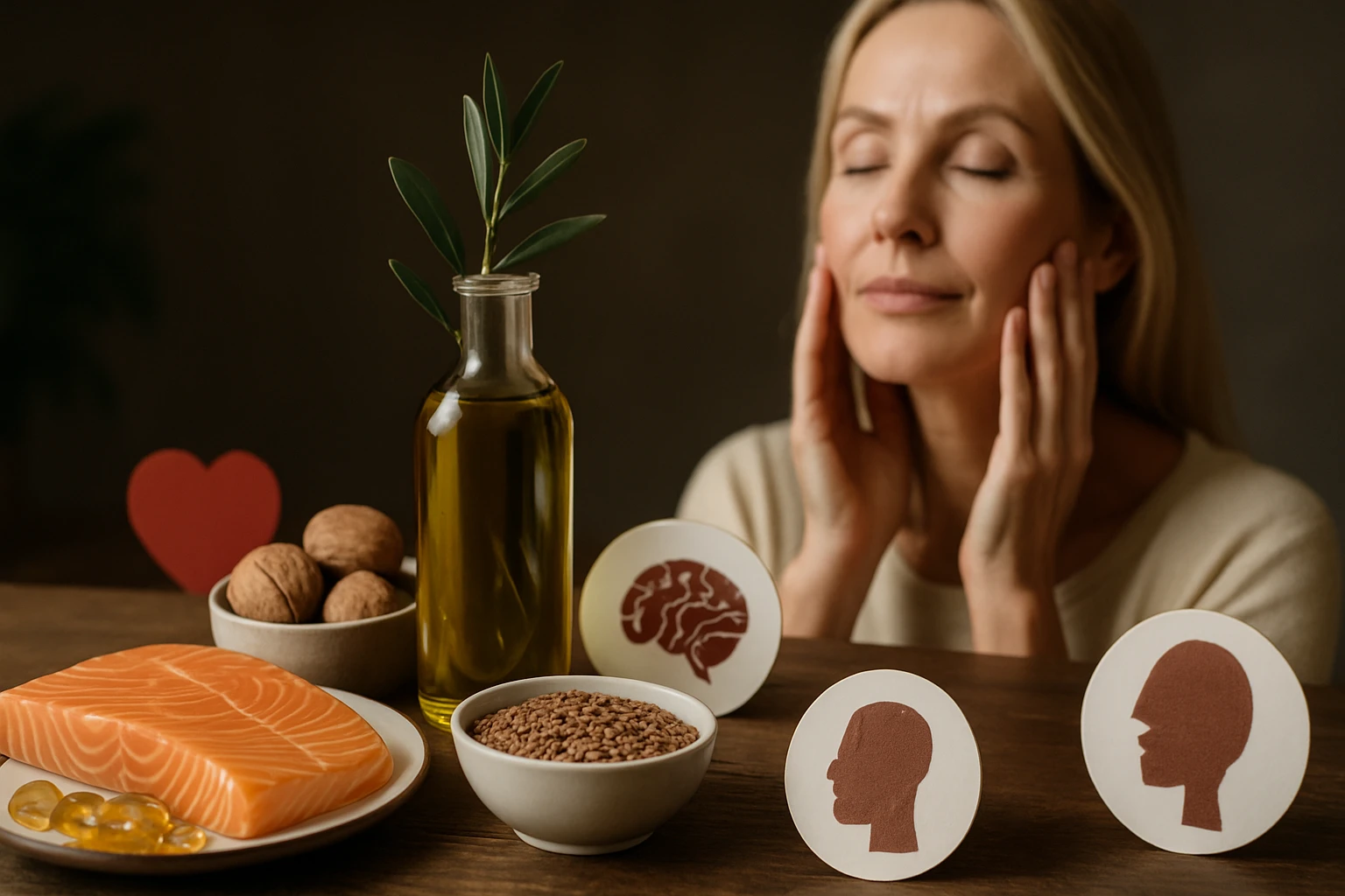 Žena s dlhými vlasmi si jemne masíruje tvár, okolo sú zdravé potraviny.