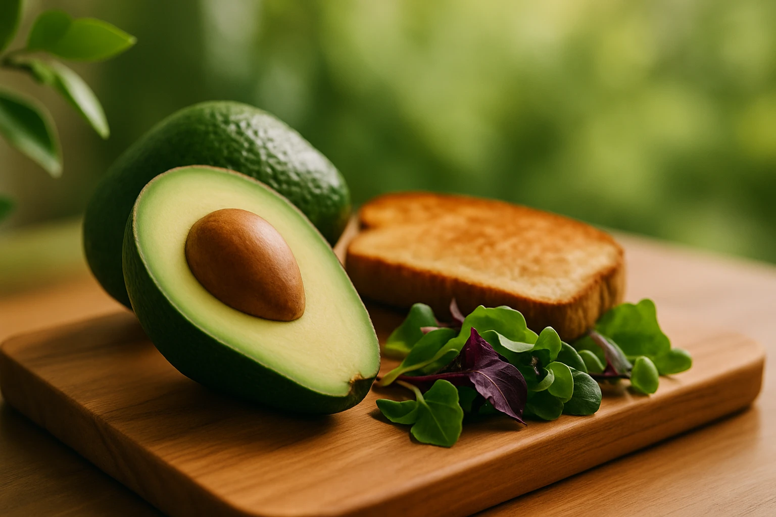 Polovičný avokádo, plátok toastu a čerstvá zelenina na drevenej doske.