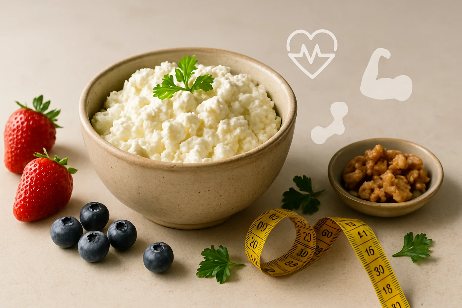 Miska tvarohu s čerstvým ovocím a orechmi na svetlom pozadí.