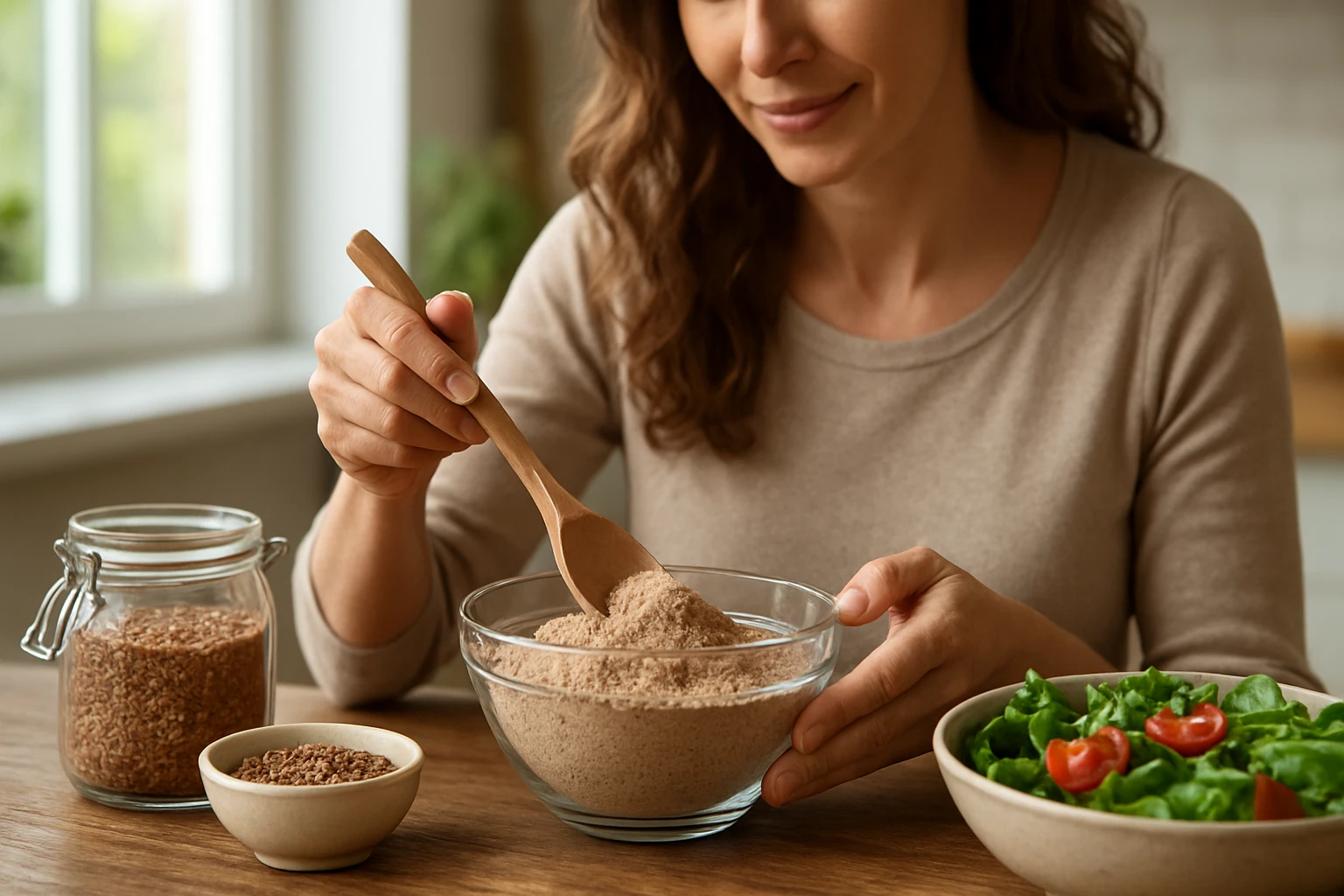 Žena mieša zdravú zmes v sklenenej miske, vedľa sú semienka a šalát.