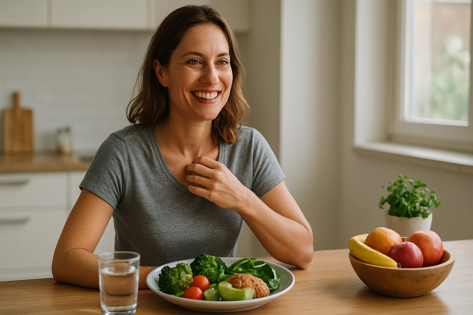Žena sa usmieva pri stole, pred ňou je tanier so zeleninou a ovocím.