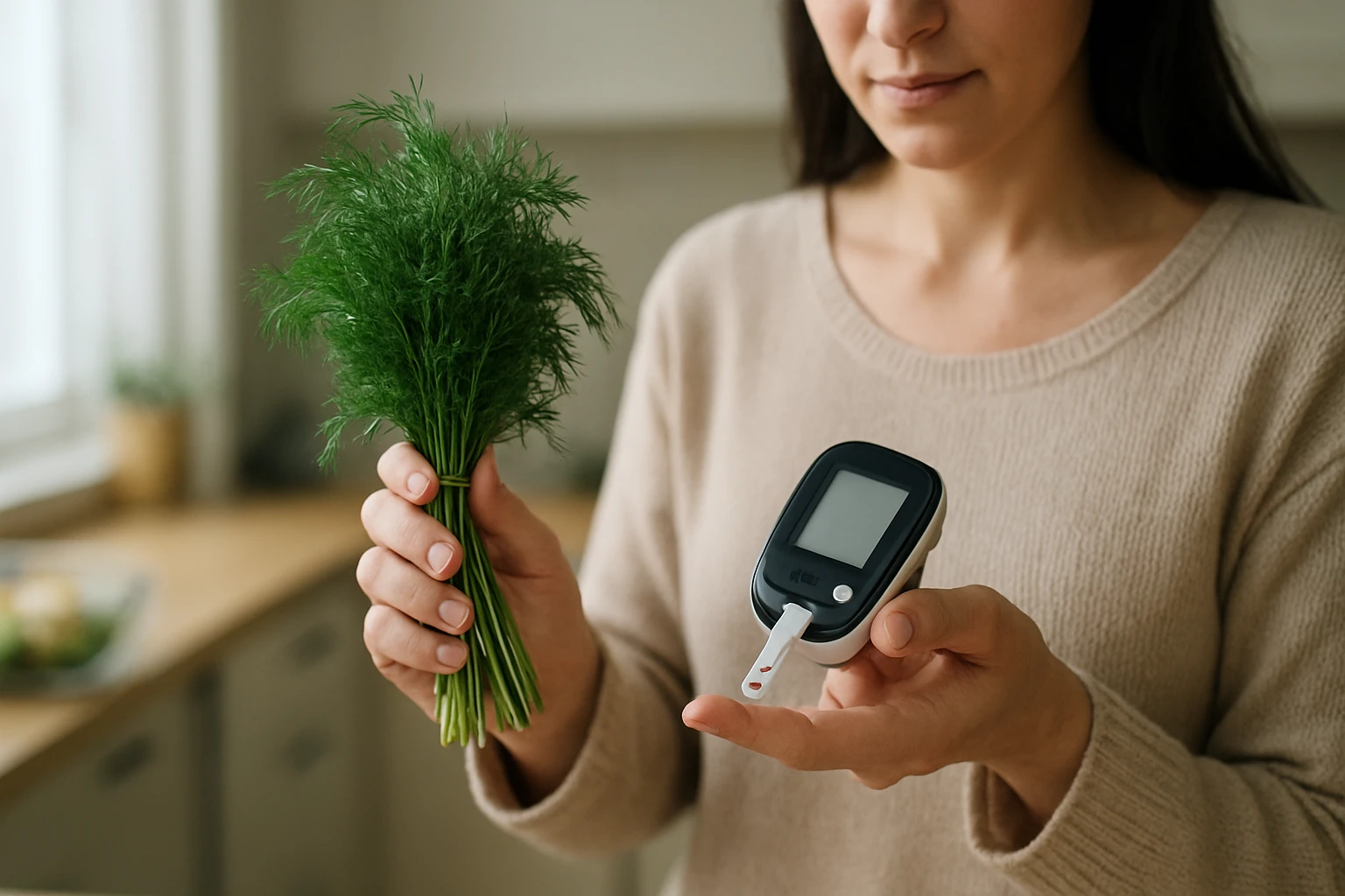 Žena drží zväzok čerstvého kôpru a glukomer v kuchyni.