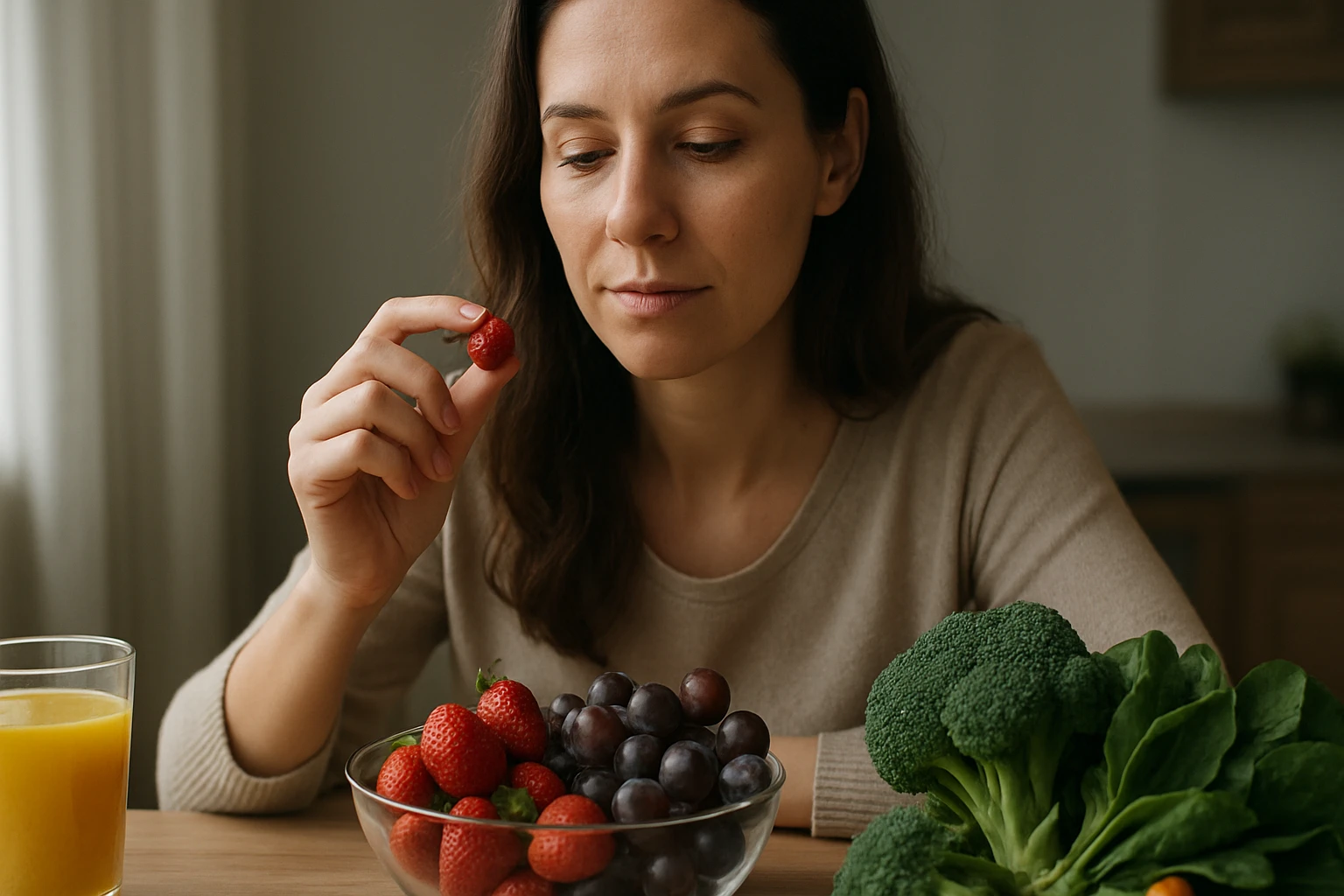 Žena sedí pri stole a skúma červené jahody, vedľa sú hrozno a brokolica.
