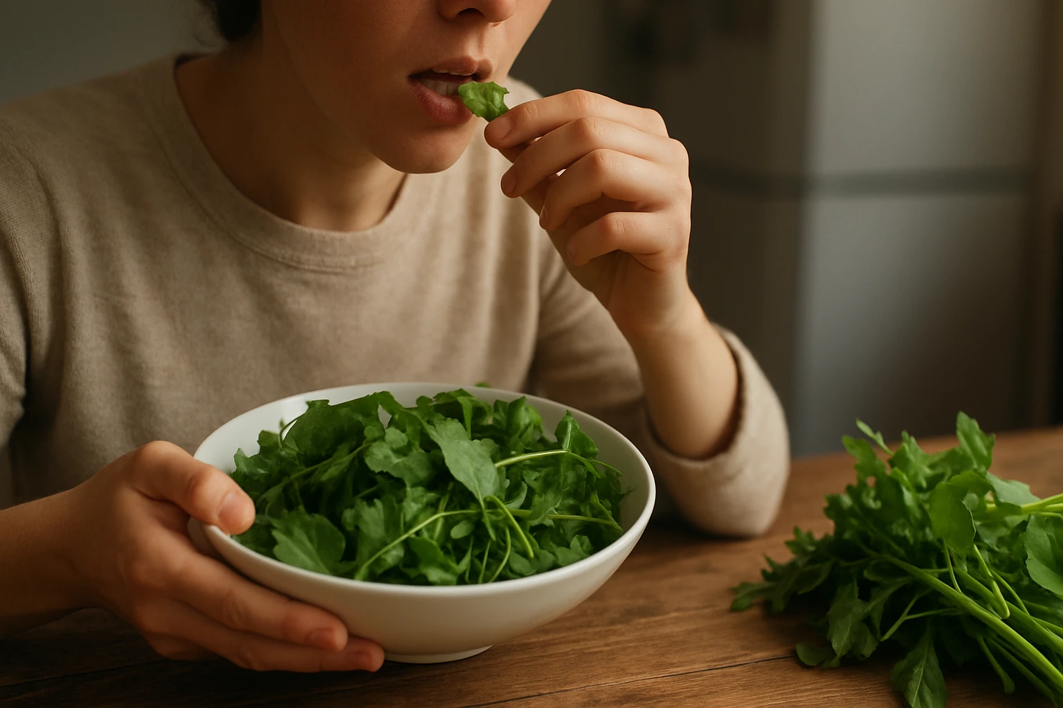 Žena si berie listy rukoly z misky a pripravuje sa ich zjesť.