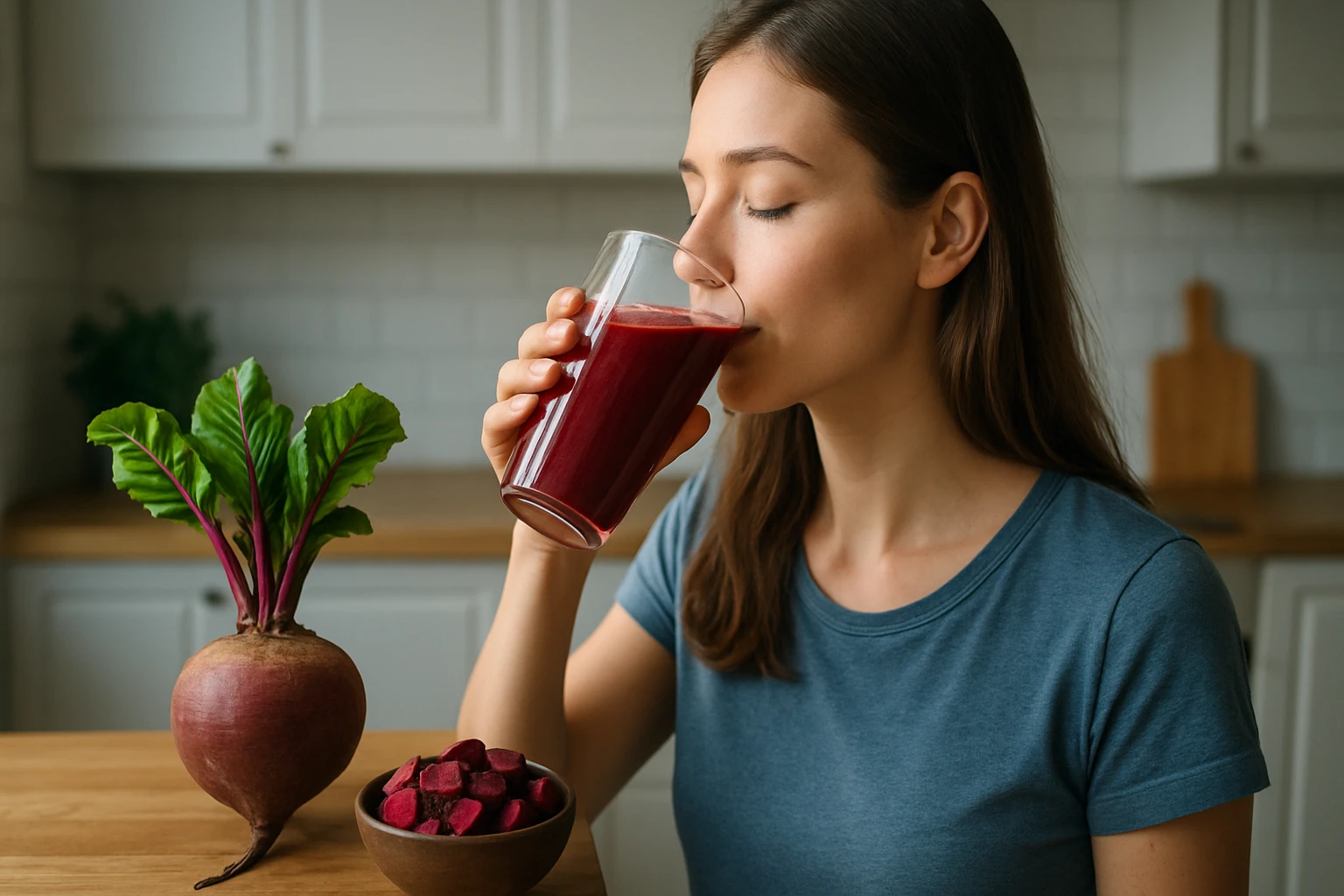 Žena pije červený nápoj z červenej repy, vedľa sú čerstvé repy a nakrájané kúsky.