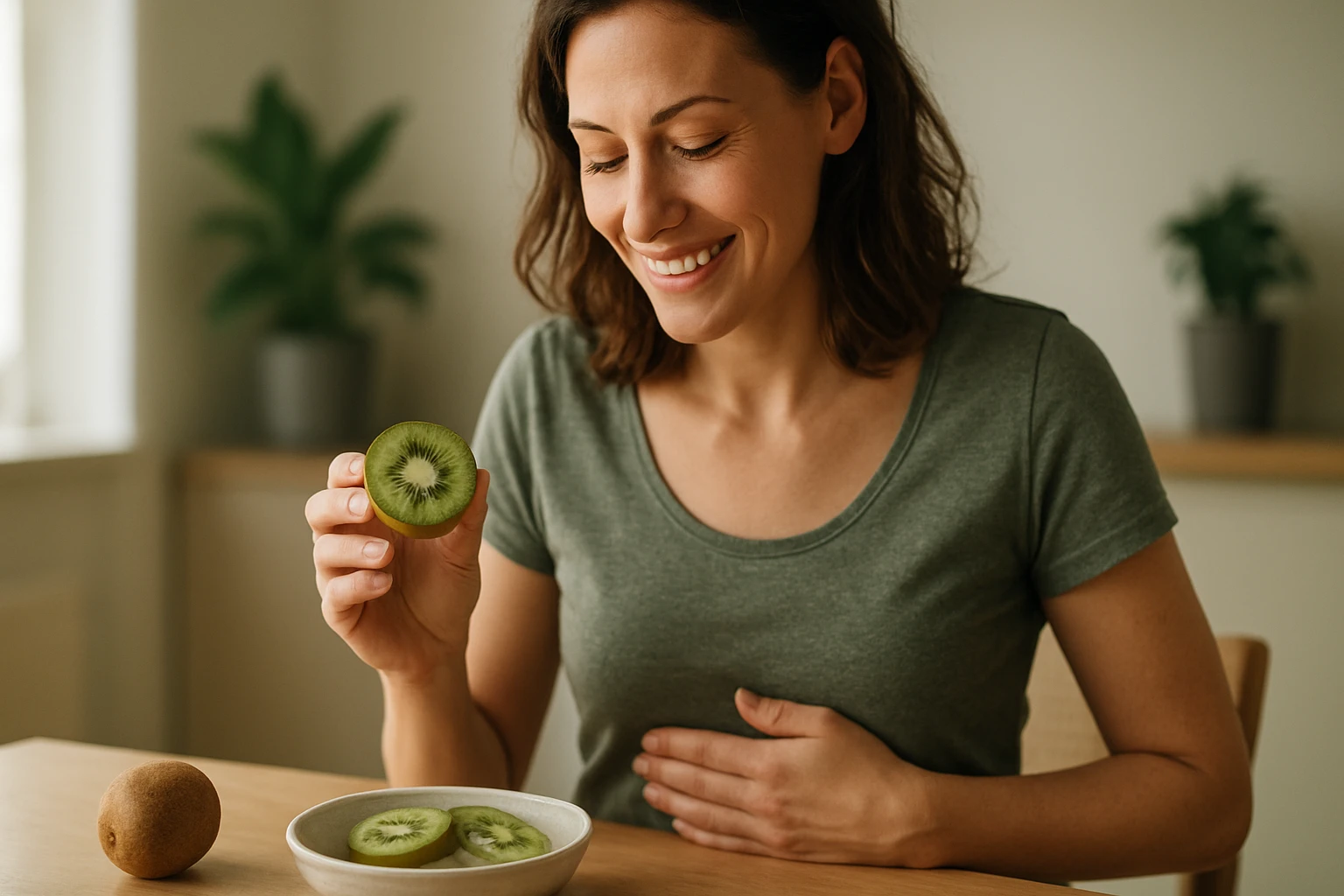 Žena sa usmieva a drží plátok kiwi nad miskou s ďalšími plátkami.