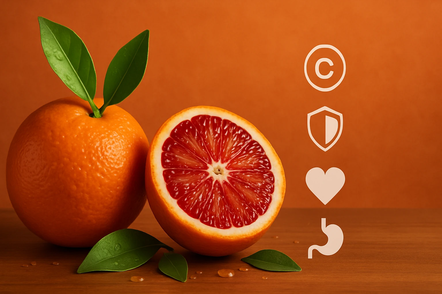 Na obrázku je celé pomaranč a jeho prekrojená polovica s červenou dužinou.