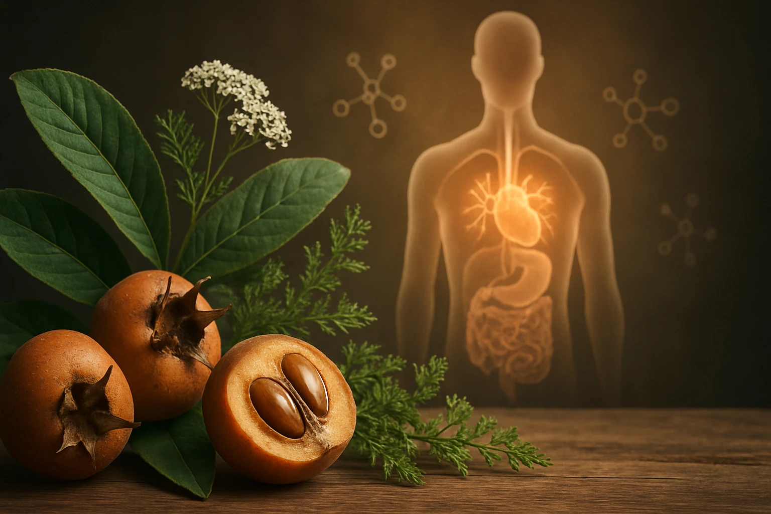 Na stole sú tri zrelé muškátové jablká a listy rastlín, v pozadí je silueta človeka s vyznačenými orgánmi.