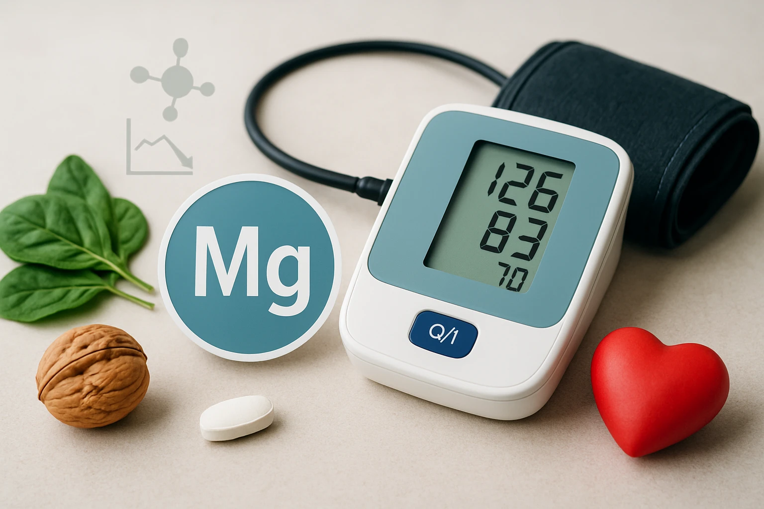 Digitálny tlakomer s hodnotami 126/83, vedľa orech, tableta a špenát.