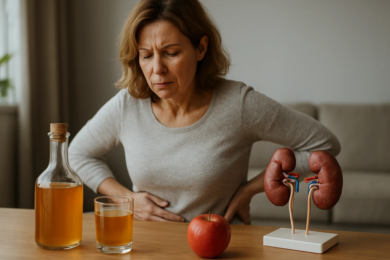 Žena s bolesťami brucha sedí pri stole s jablkom a pohárom nápoja.