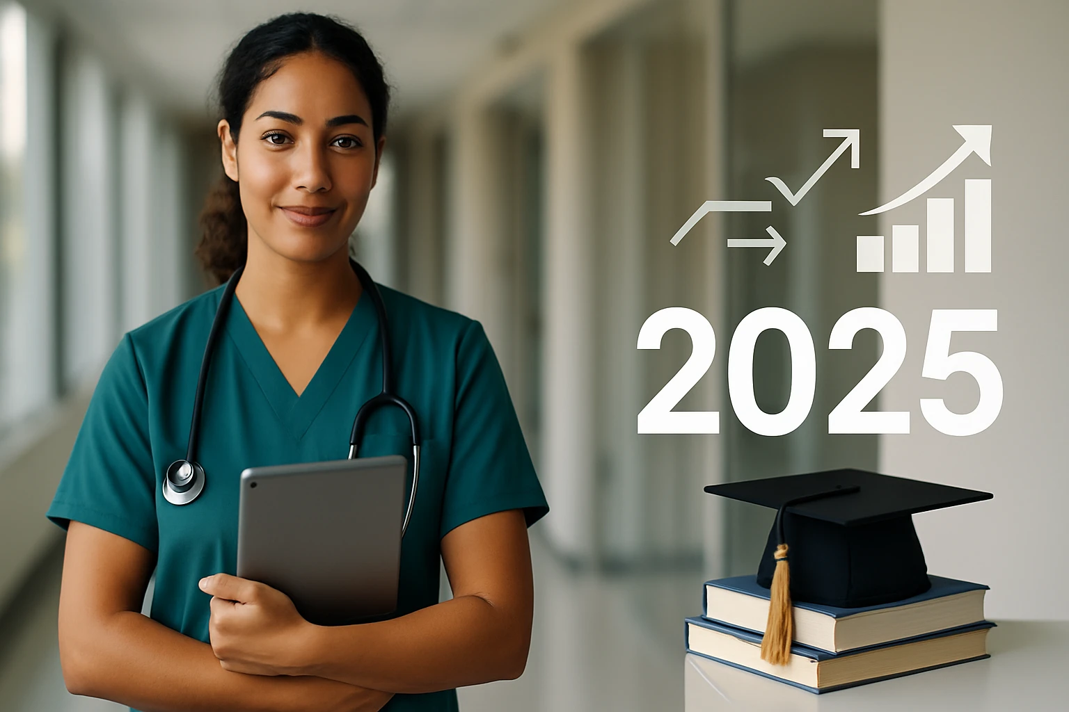 Mladá zdravotná sestra s tabletom a stetoskopom v nemocnici.