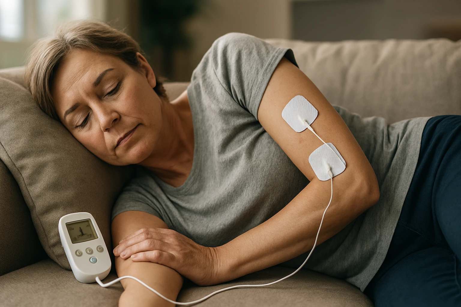 Žena leží na pohovke, na ruke má elektrody a monitoruje si zdravotný stav.