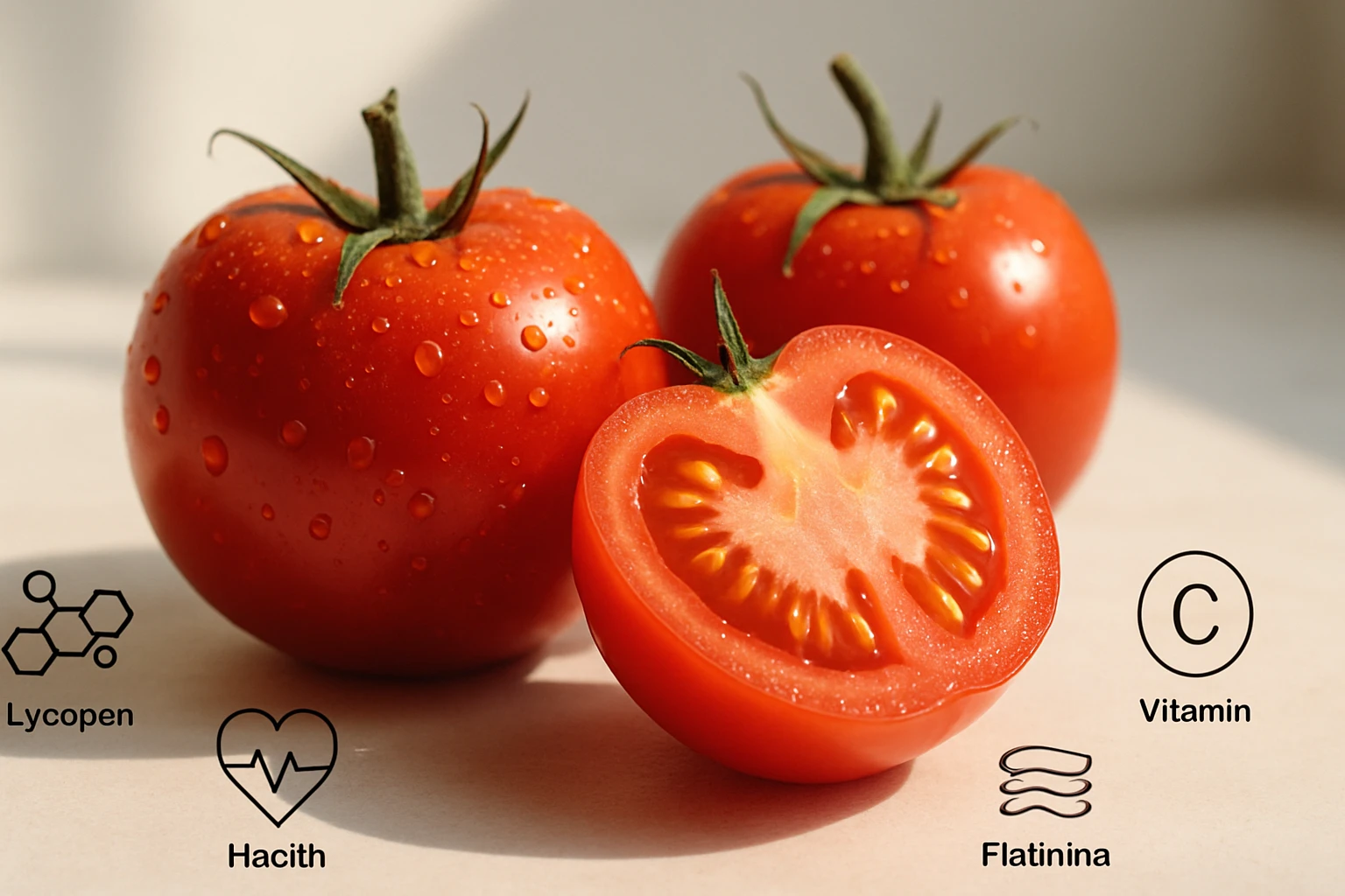 Čerstvé, šťavnaté paradajky s kvapkami vody, jedna rozkrojená na polovicu.