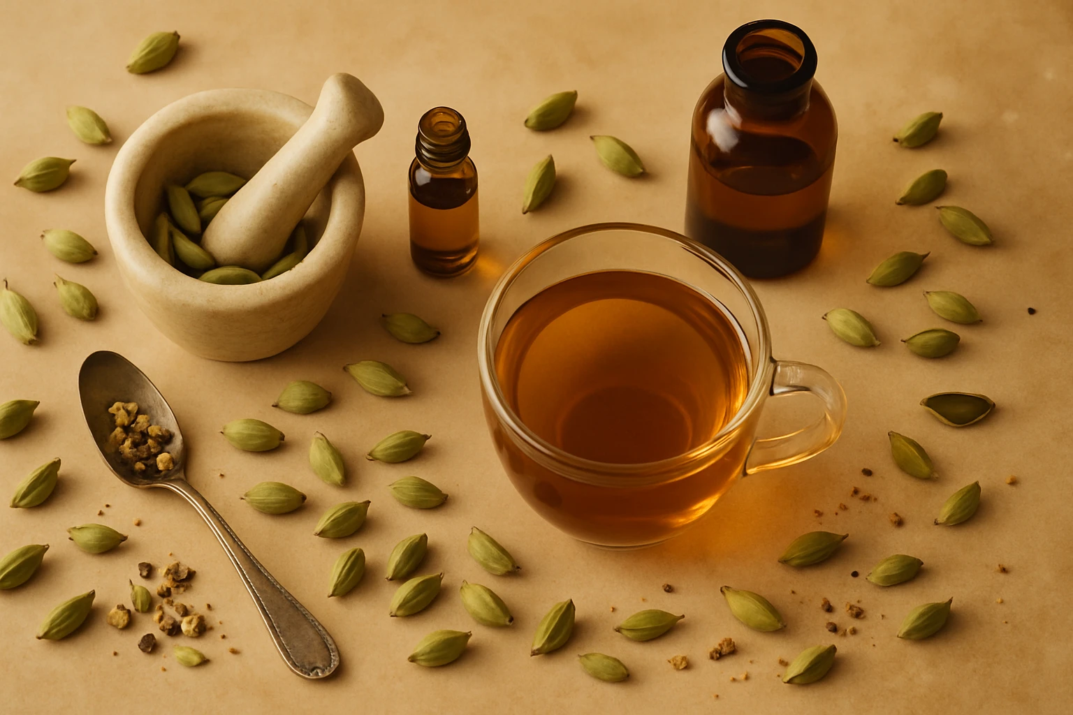 Šálka čaju obklopená zelenými kardamónovými strukmi a esenciálnym olejom.