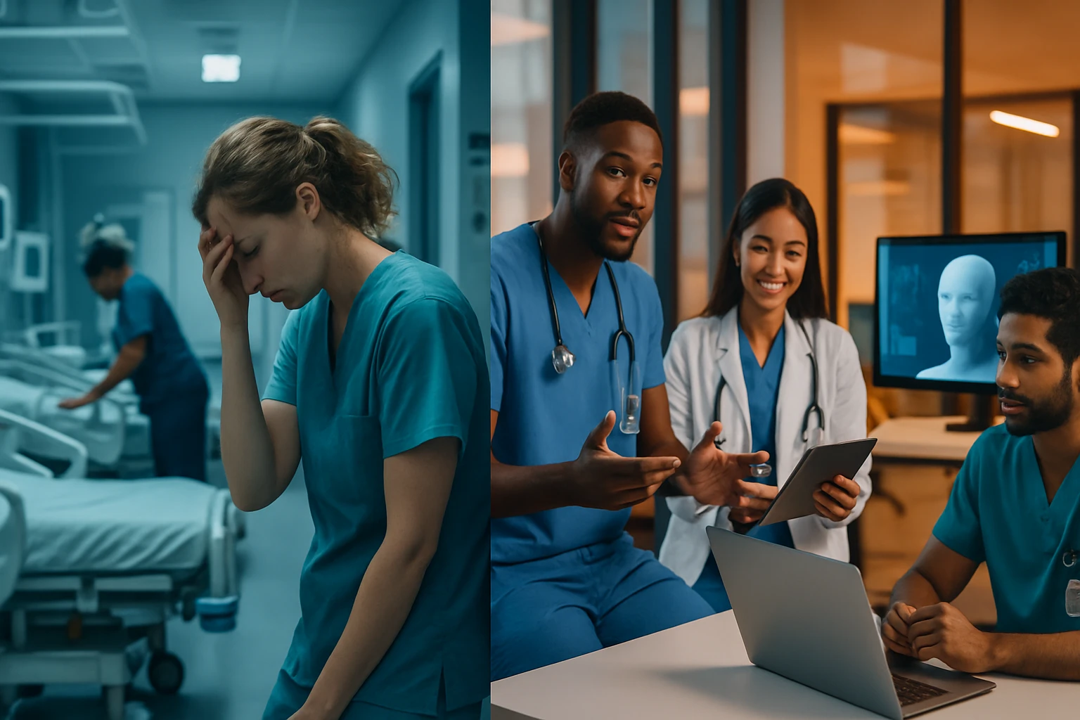 Zdravotníci v nemocnici, jeden z nich zjavne prežíva stres, zatiaľ čo ostatní diskutujú.