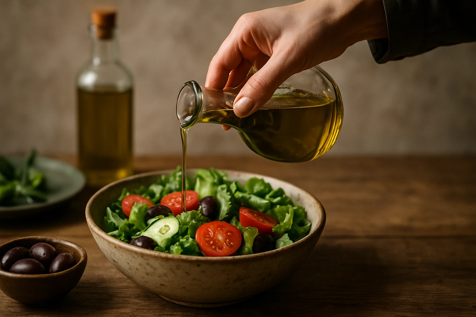 Ruka nalieva olivový olej na čerstvý šalát s paradajkami a uhorkou.