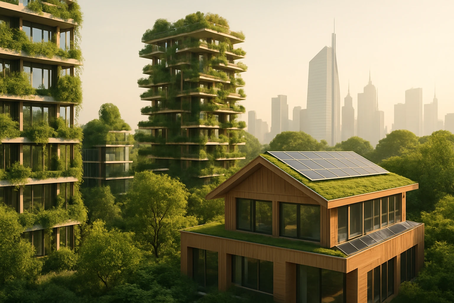 Moderné budovy pokryté zeleňou a solárnymi panelmi v mestskom prostredí.