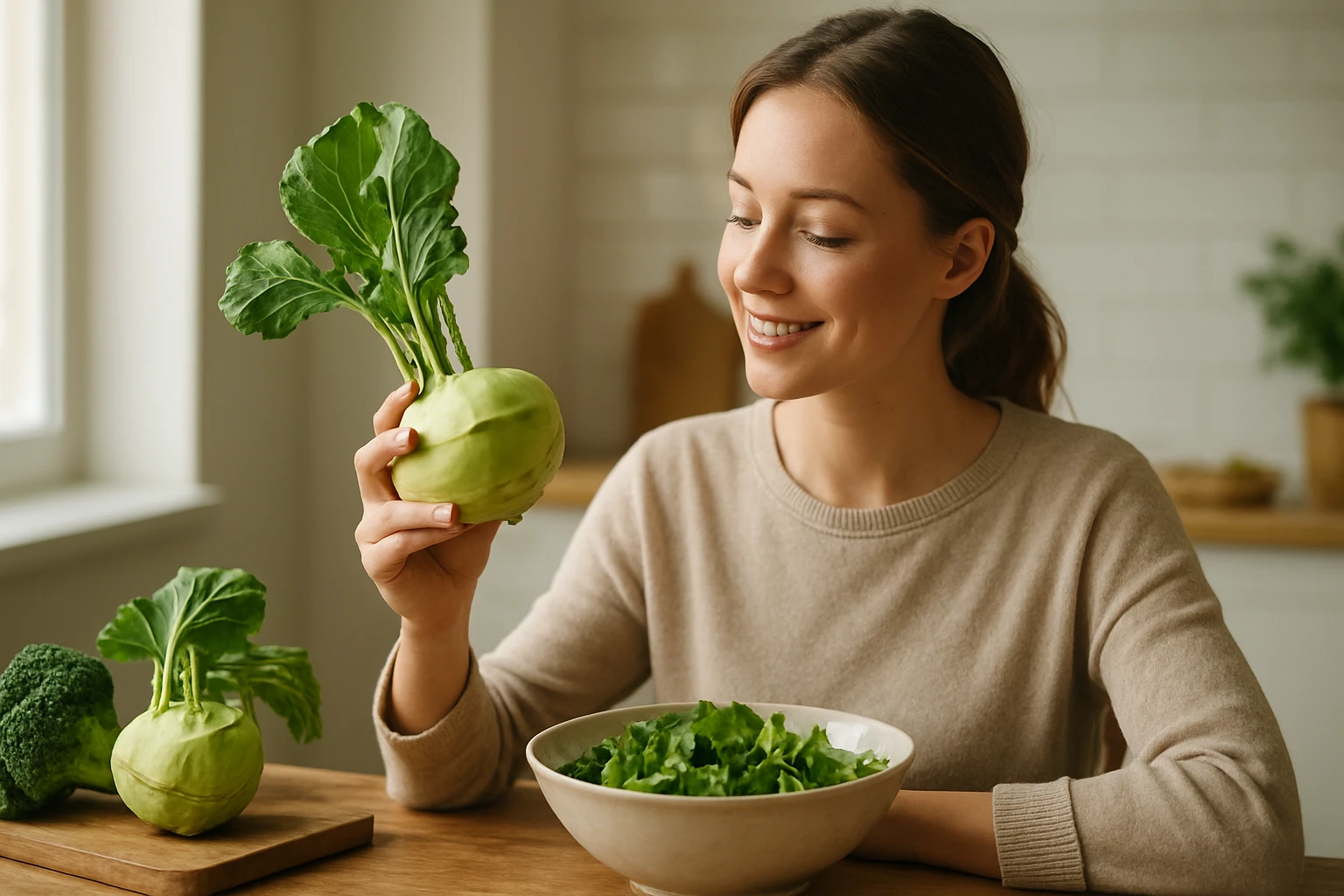 Žena sa usmieva a drží zelenú kapustu v ruke, pred ňou je miska so šalátom.