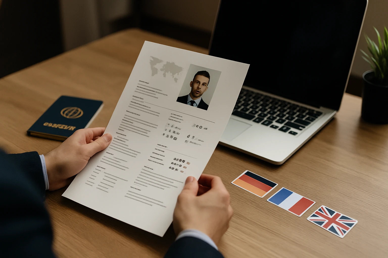 Muž drží životopis, na stole je notebook a vlajky krajín.