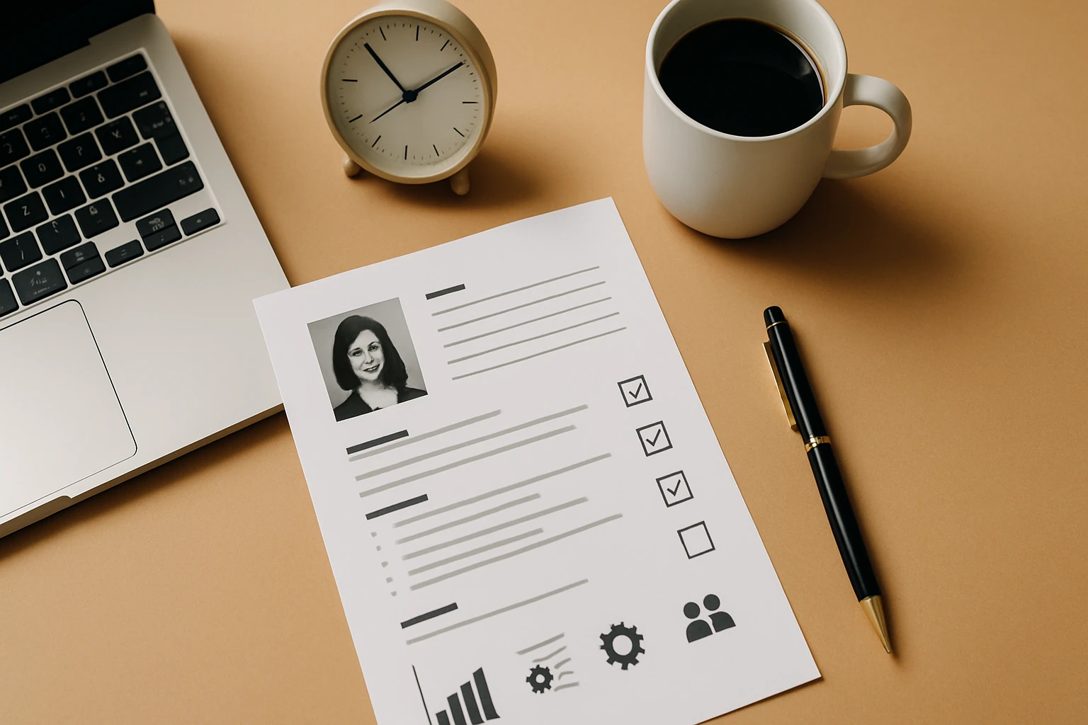 Na stole leží životopis s fotografiou, vedľa je notebook a šálka kávy.