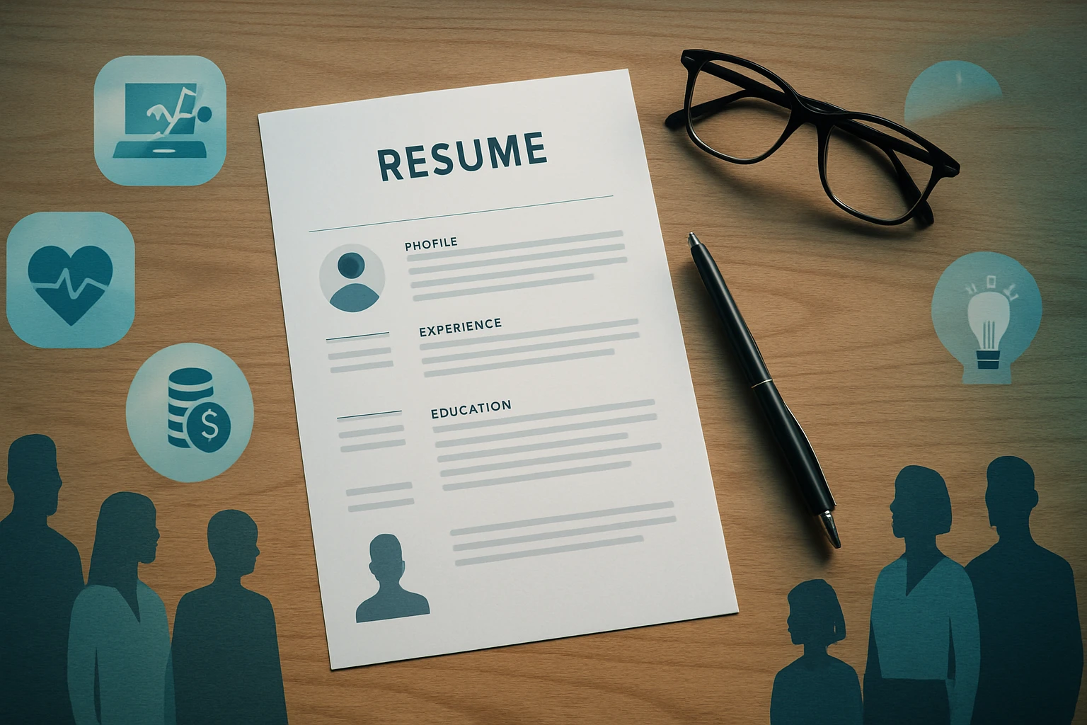 Na stole leží životopis s údajmi o profile, skúsenostiach a vzdelaní, vedľa sú okuliare a pero.