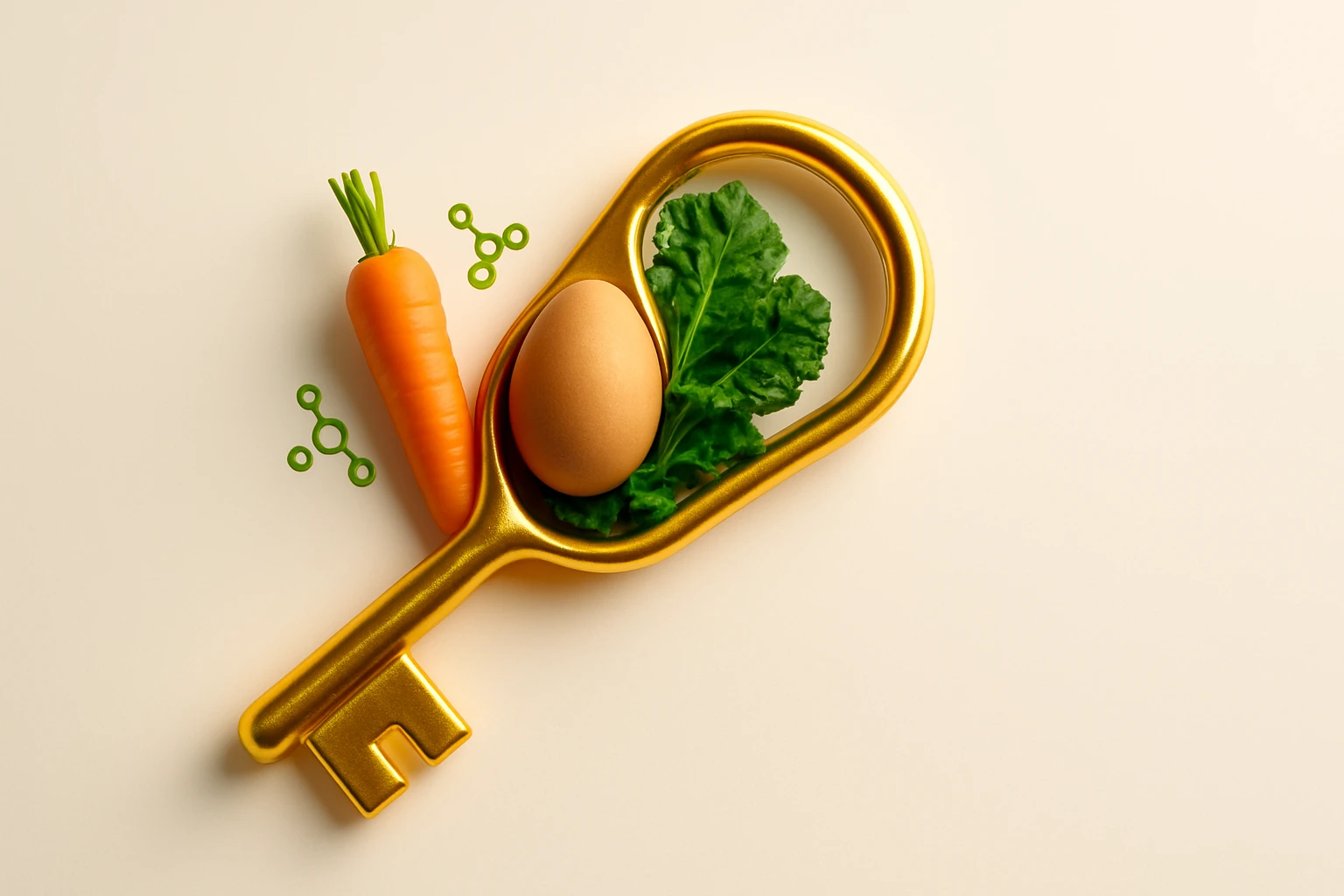Zlatý kľúč s vajíčkom, mrkvou a listovým šalátom na svetlom pozadí.