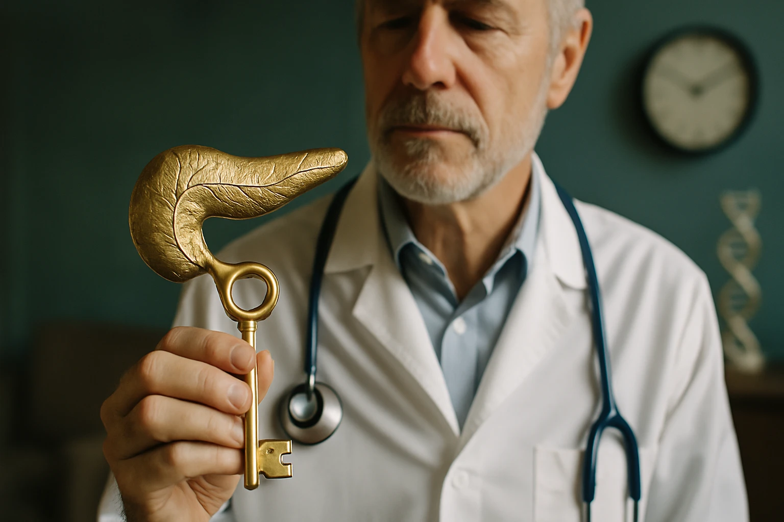 Lekár, ktorý drží zlatý kľúč v tvare pankreasu, zamyslene sa naň pozerá.